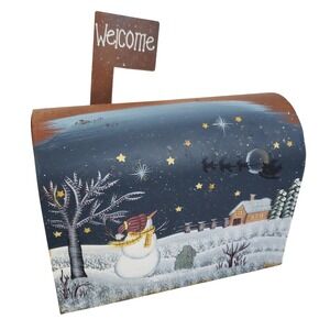 Hand Painted Rustic Tin‎ Mailbox Winter Scene Welcome Sign Christmas Card Holder
